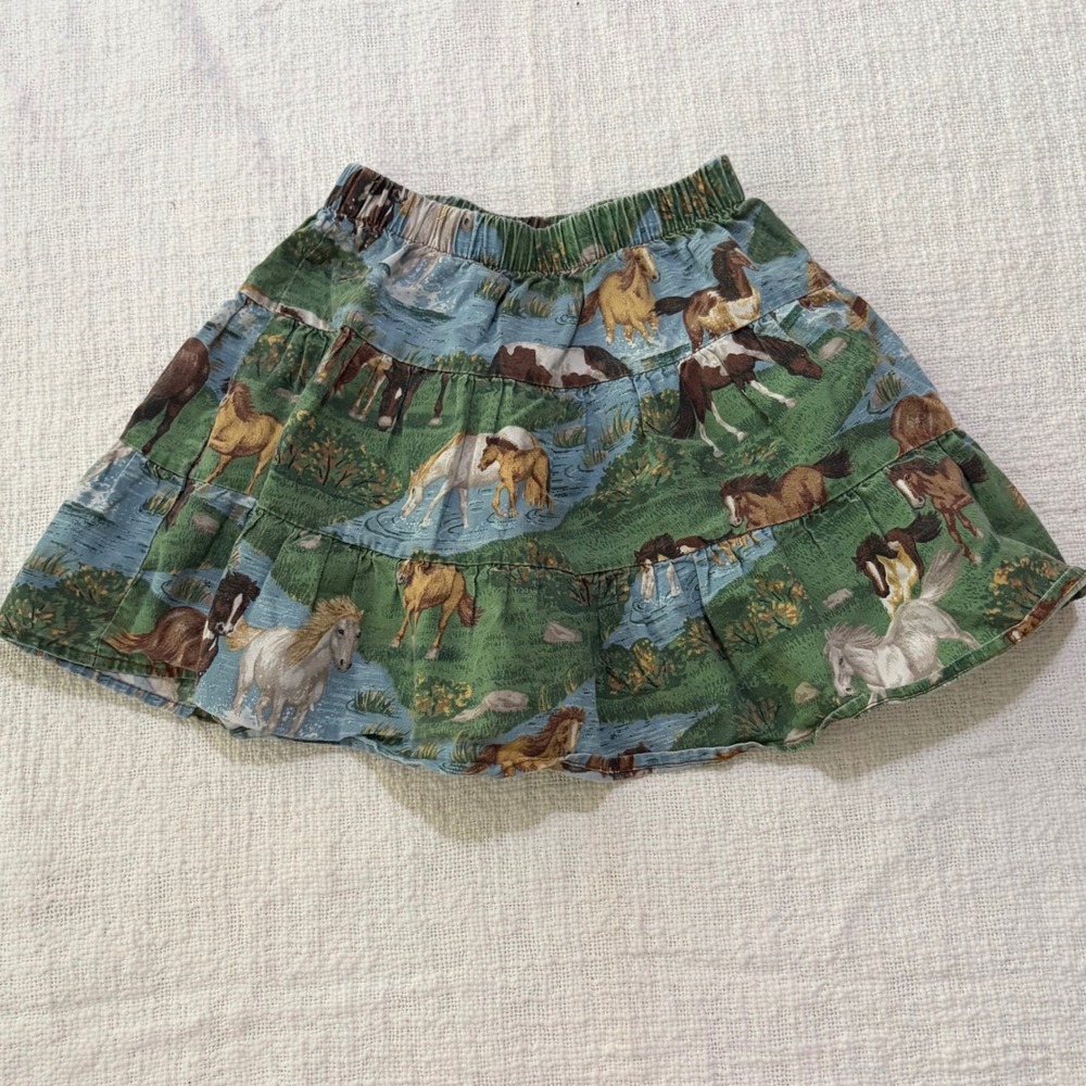 Coyote Kids Girls Horse Print Tiered Cotton Skirt Size 4 Green Equestrian Ruffle